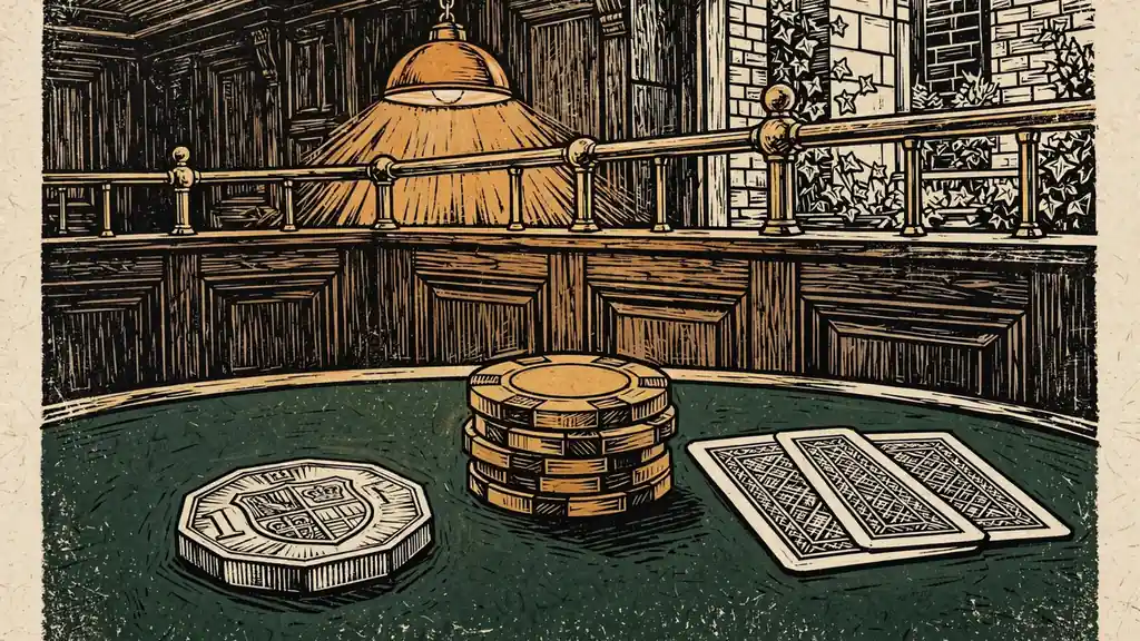 One-pound coin on green felt beside chips and playing cards under warm lighting.