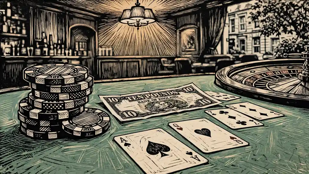 Small pile of casino chips beside a £10 note on a green felt table in a British gaming lounge.