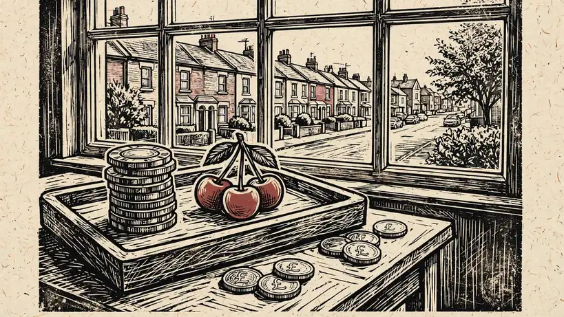 Casino chips and UK coins on a tray by a window