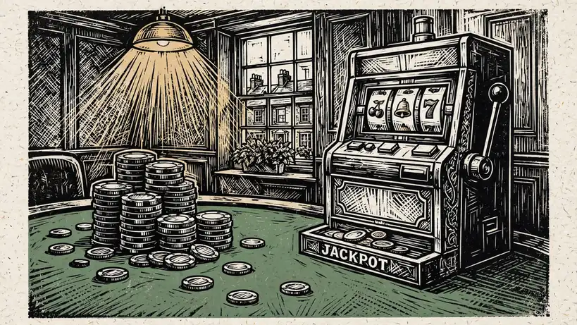 Golden casino chips stacked beside a classic slot machine in a warm British gaming lounge setting.