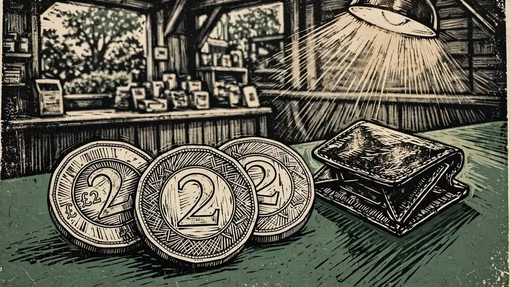 British £2 coins on green felt with an open wallet nearby
