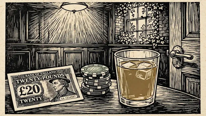 British twenty-pound banknote beside casino chips on wooden table