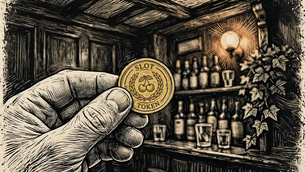 Hand holding a golden slot token in a British pub interior.
