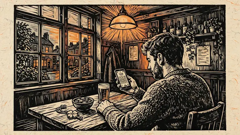 Person with smartphone at a British pub table, coins and a drink nearby.