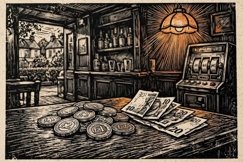 British pound coins and banknotes on a pub table with a vintage gaming machine in the background.