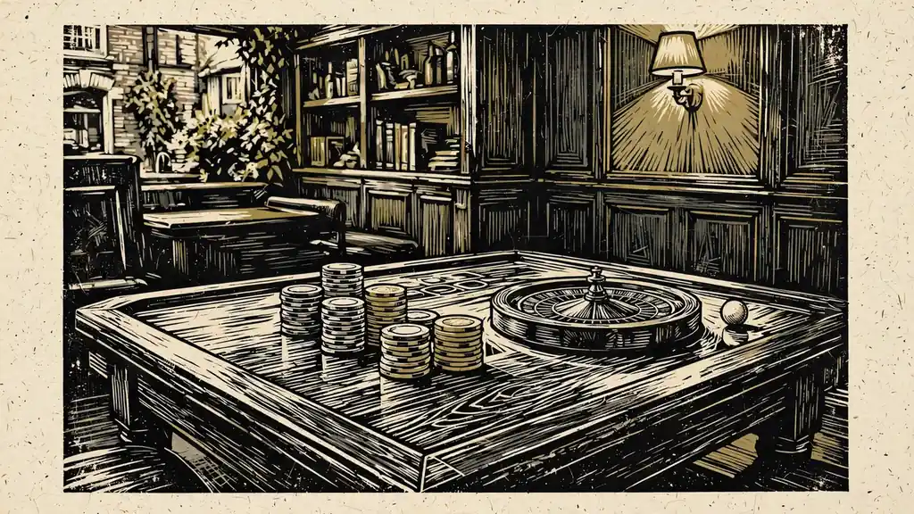 Casino chips and small roulette wheel on a wooden gaming table in a British lounge