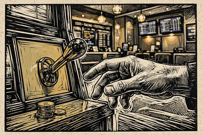Hand pulling a slot machine lever inside a UK bookmaker's shop