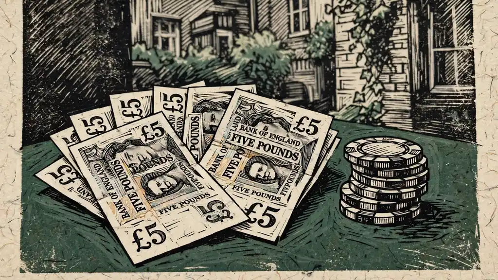 British five-pound banknotes next to casino chips on a green felt table.