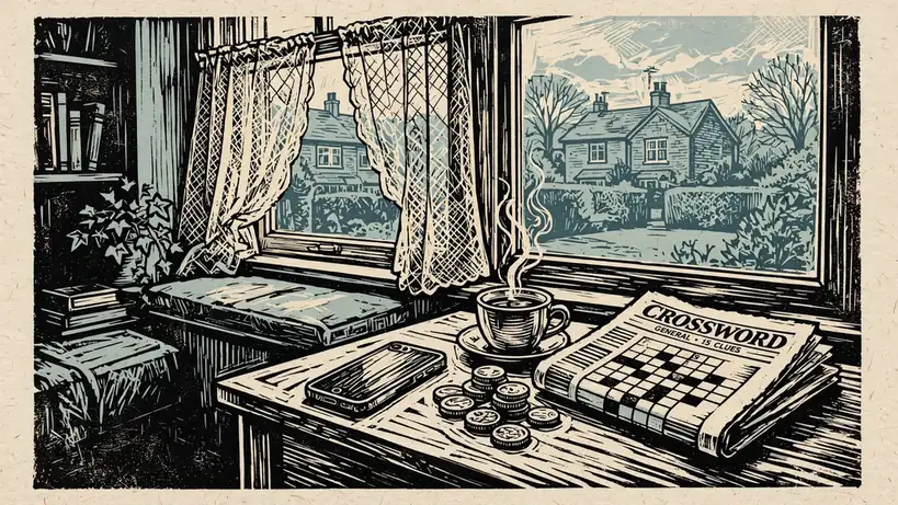 British living room scene with smartphone, tea, and pound coins