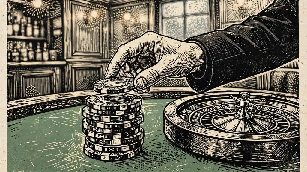 Casino chips stacked beside a roulette wheel on a green table in a British pub setting.