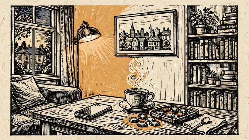 British apartment with phone, tea, and casino chips on coffee table