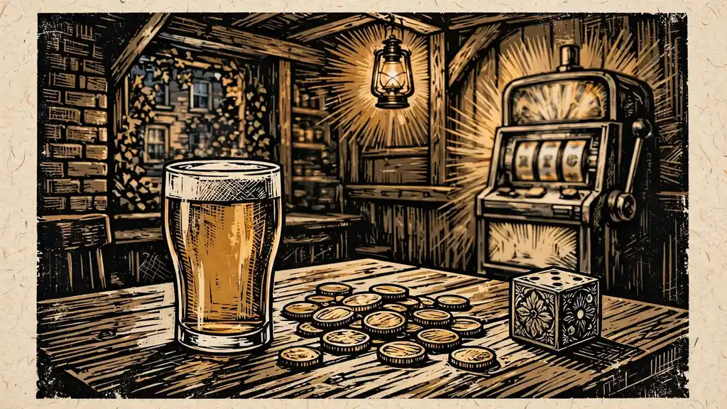 British pub-style scene with gold coins and dice on a wooden table