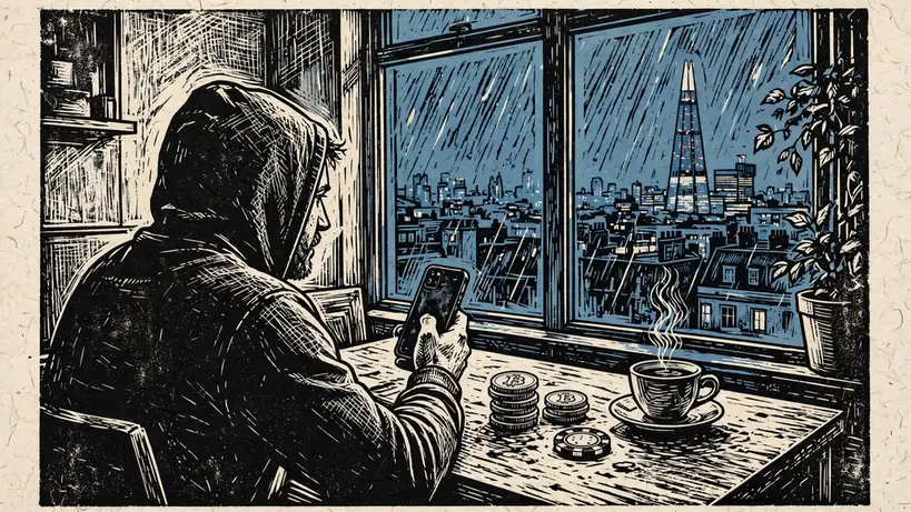 Hooded person with crypto tokens and a roulette chip in a London flat at night.