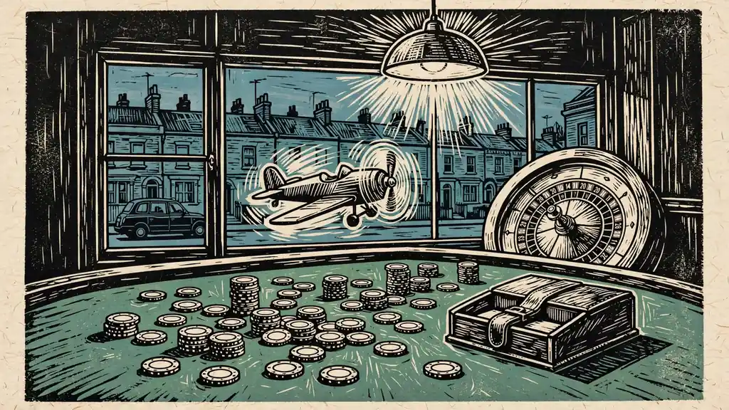 Toy plane hovering above a casino table with chips and a roulette wheel, UK cityscape through the window.