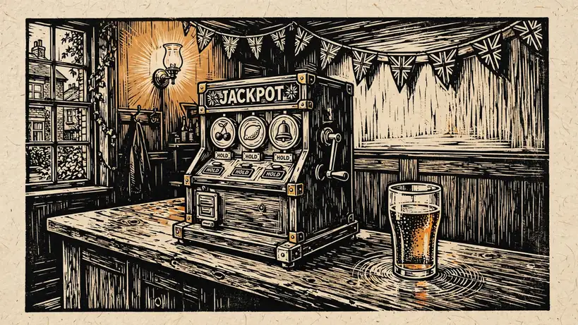 Vintage fruit machine on a pub counter with warm amber lighting