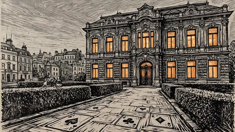 Austrian office building at dusk with warm window lights, gaming motifs in stone path, UK context.