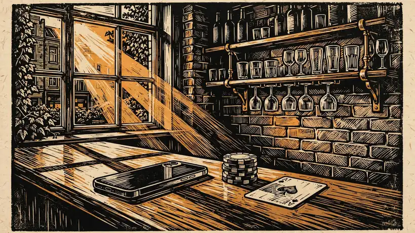 Smartphone with casino chips on a British pub bar counter