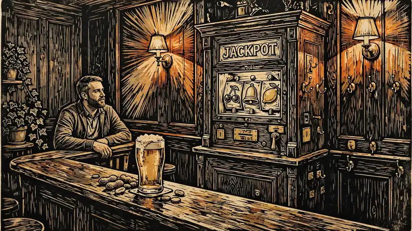 Traditional British pub corner with vintage fruit machine and pint of ale on bar counter.