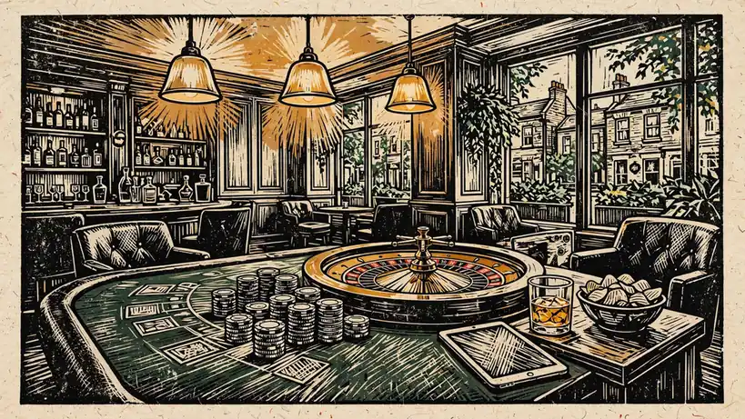 UK casino lounge with roulette wheel, stacked chips and warm amber lighting