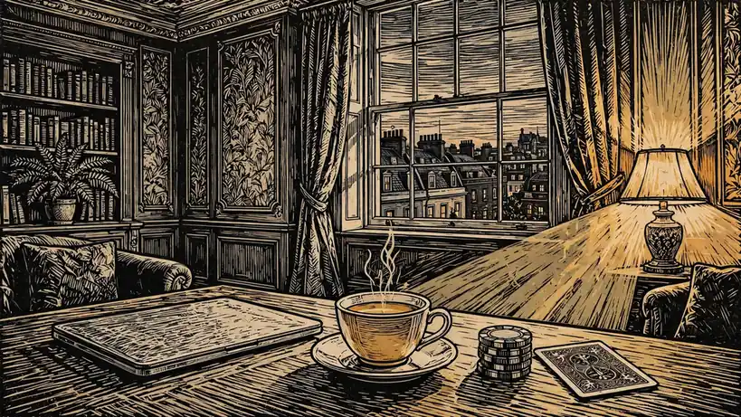 London townhouse interior with closed laptop, tea, and casino chips at dusk.