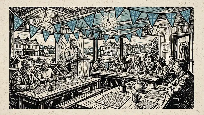 British bingo hall interior with numbered cards, caller, and community atmosphere.