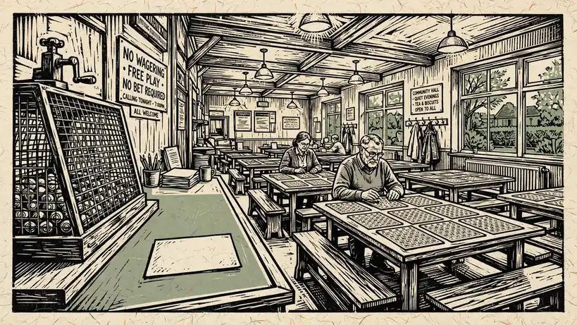 Bright UK bingo hall interior with numbered cards and a ball cage