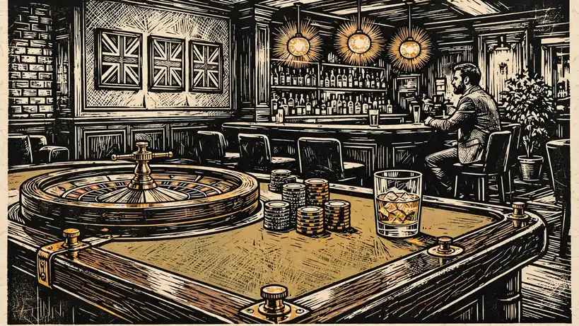 Modern British casino lounge with roulette table, chips, and whisky