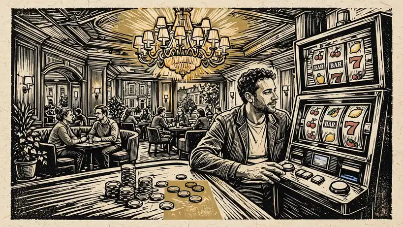 Player at a slot machine in a UK casino lounge with chips on the counter.
