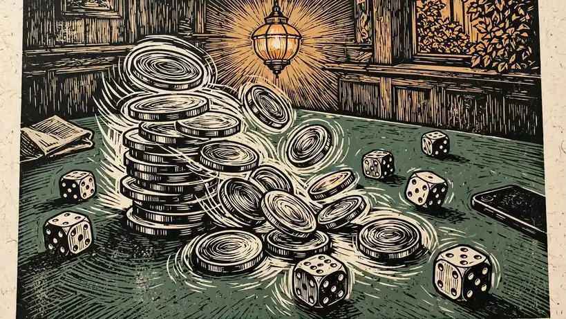 Glass gaming tokens and dice on a green felt pub surface under warm amber light