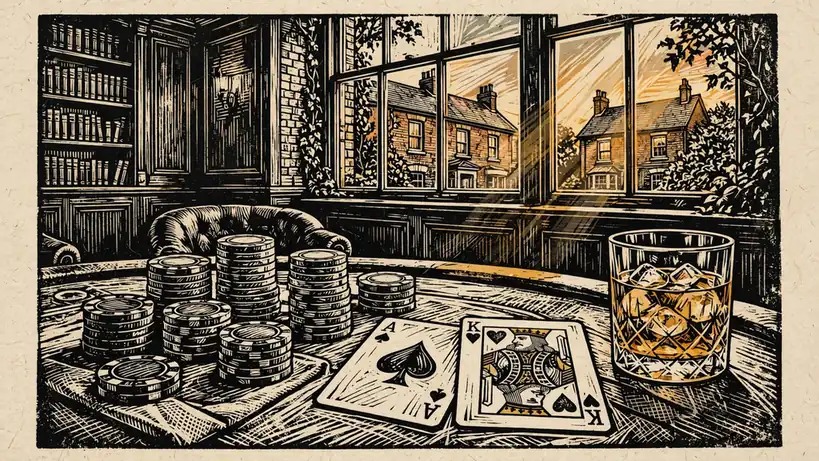 Elegant casino table with poker chips, playing cards, and whisky glass in warm evening light