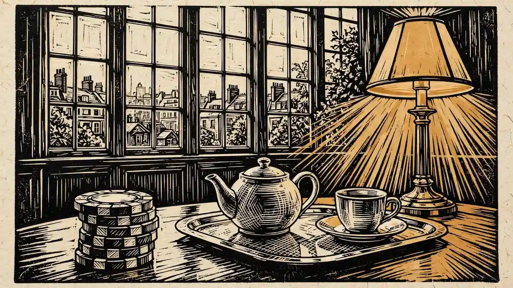 Casino chips and teapot on a mahogany table in a lit British club.