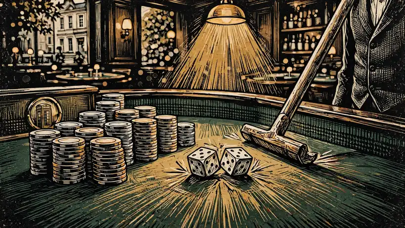 Casino chips and dice on a craps table in a London gaming room