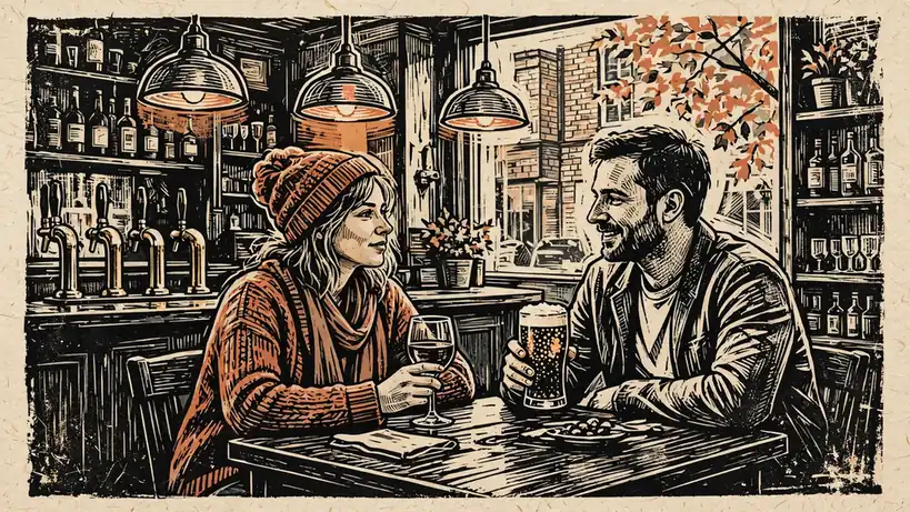 Friends relaxing with drinks inside a traditional British pub.
