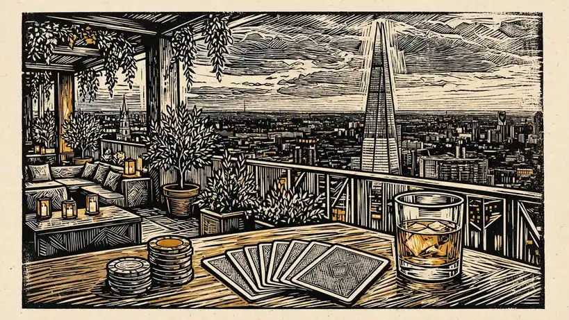 London rooftop lounge with skyline and tabletop gaming accessories