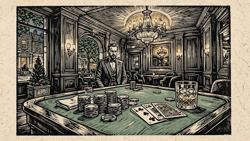 London casino lounge with card table, chips and croupier under chandelier light.