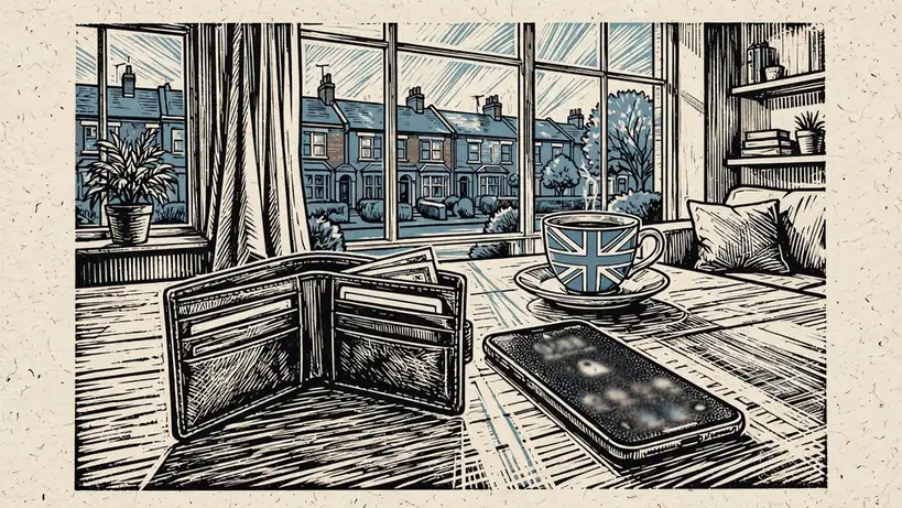 Open wallet, smartphone, and Union Jack teacup on a table in a London home.