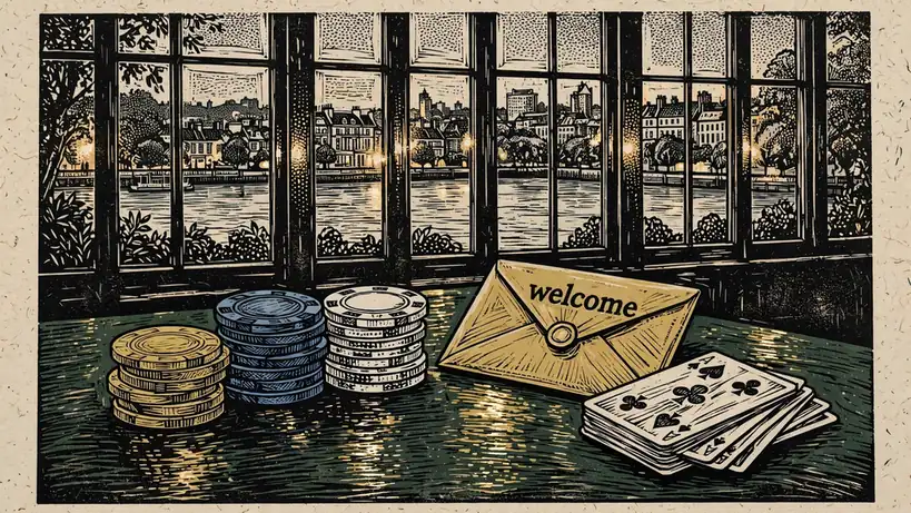 Stacked casino chips, playing cards, and a welcome envelope on a green felt table with a London skyline at dusk.