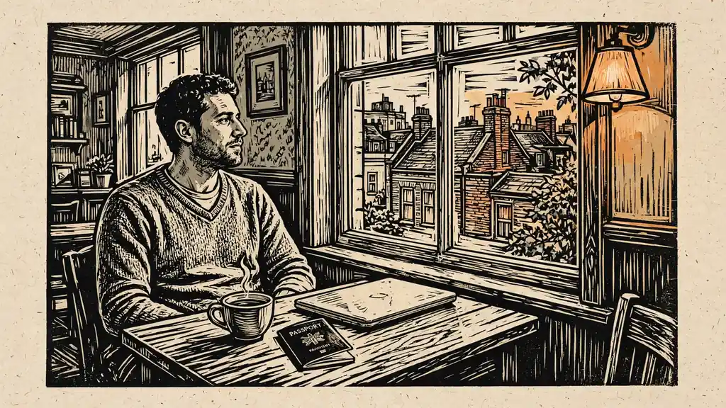 British man at a table with passport and laptop near a London window at dusk.