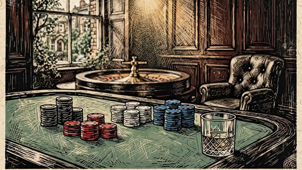 Green felt casino table with chip stacks and roulette wheel in British club setting