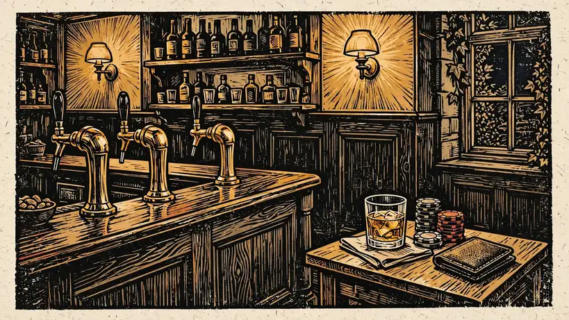 Traditional UK pub interior with casino chips and whisky on a side table