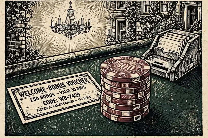 Casino table corner with stacked high-value chips and a bonus voucher.