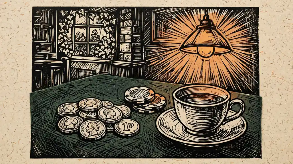 British coins and casino chips on green felt under warm lamplight