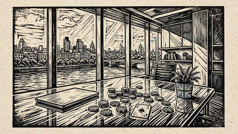 London office with casino chips on a glass table