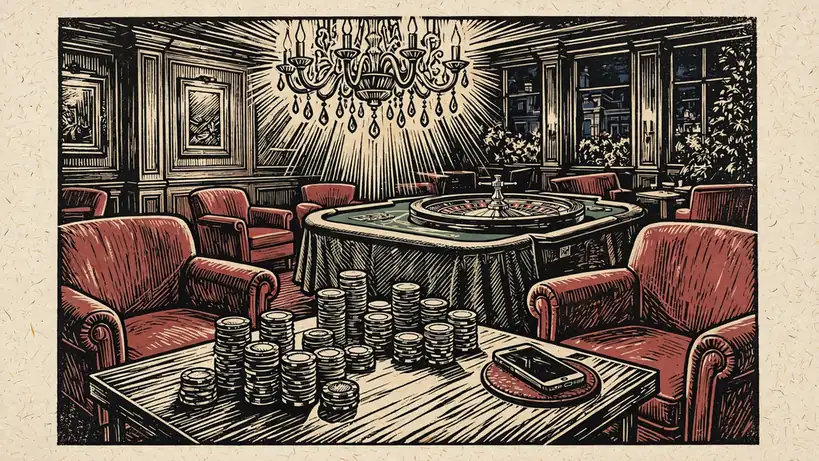 UK casino lounge with roulette wheel, chips and face-down smartphone at night.