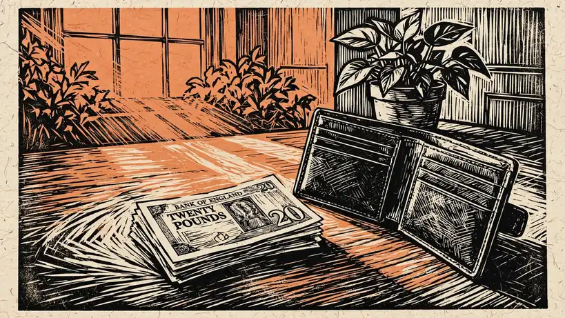 British pound notes beside an open wallet on a wooden table, warm light in a UK apartment