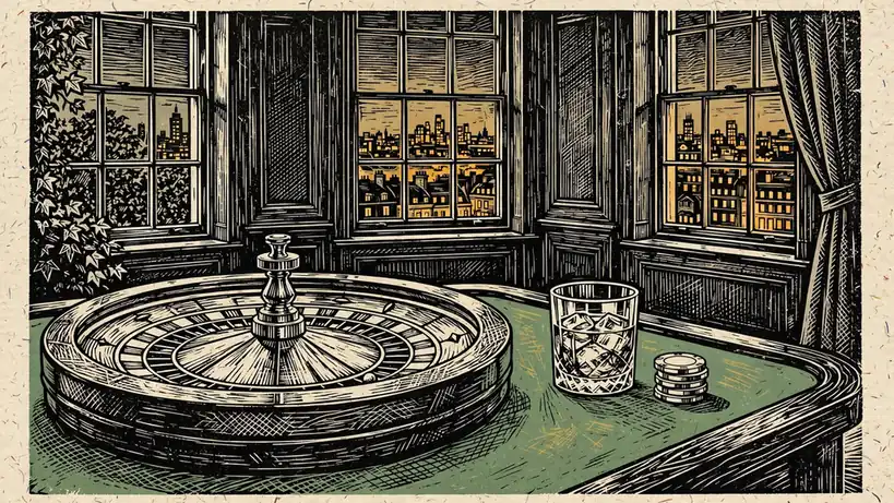 Roulette wheel on green felt table with London skyline glowing at dusk through a tall window