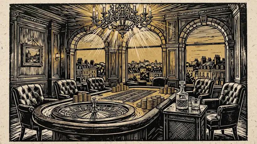 Elegant UK casino lounge with roulette table, chips, and London skyline view