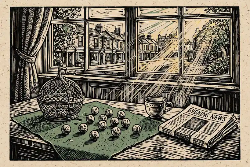 Keno ball cage and numbered balls on wooden table in British interior