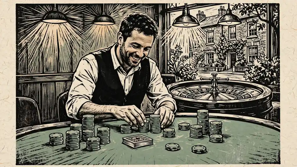 Live casino dealer at a green table with chips and cards under studio lights.