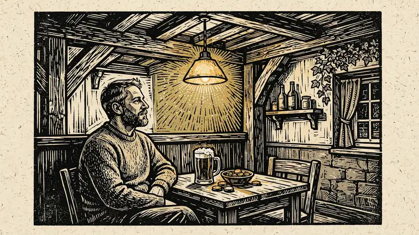 Relaxed British pub scene with person, pint, and coins on a wooden table.